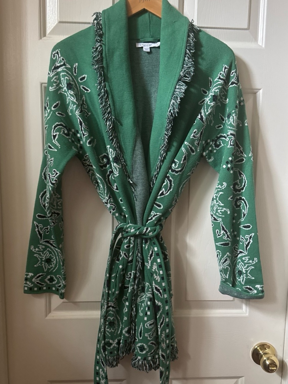 Chico's Green Paisley Fringe Knit Robe Cardigan